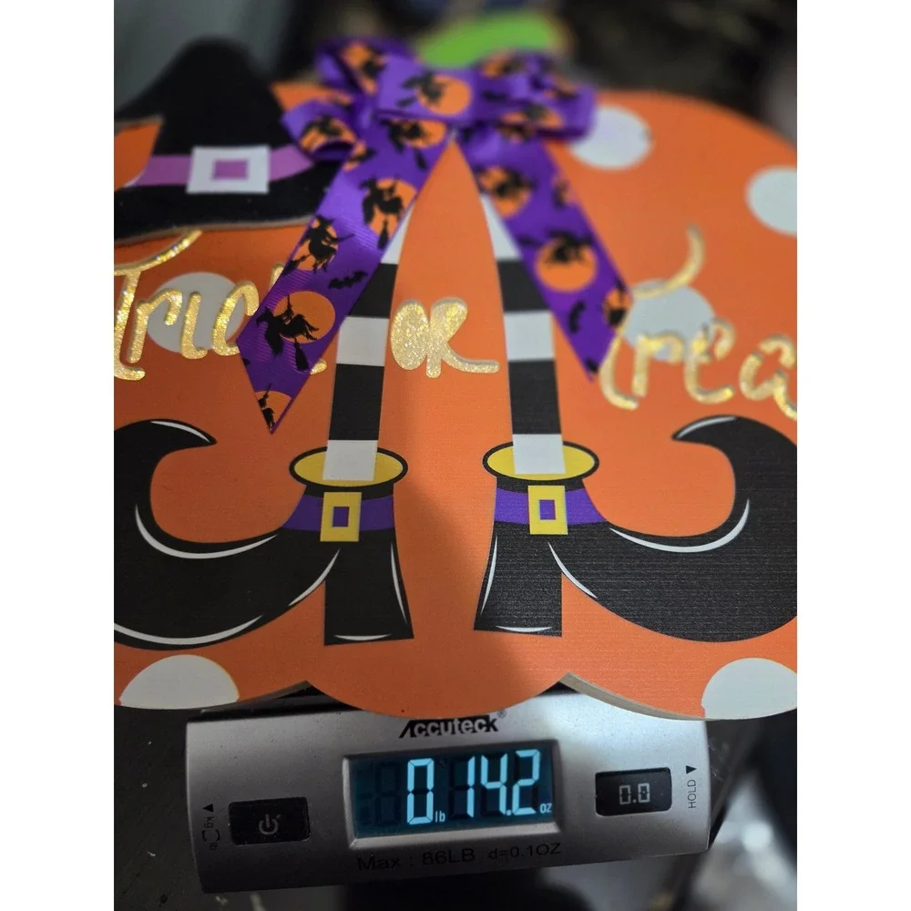 Halloween Trick or Treat Light Up Pumpkin Door Hanger Witch Hat Polka Dot Sign